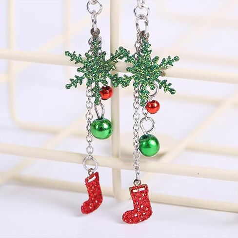 Christmas Clip On Earrings for Women, Non-Pierced, Red Green Snowflake Jingle Bell Cane Knot Dangle, Colorful Festival Party Jewelry, Holiday Drop Earrings in Saudi Arabia