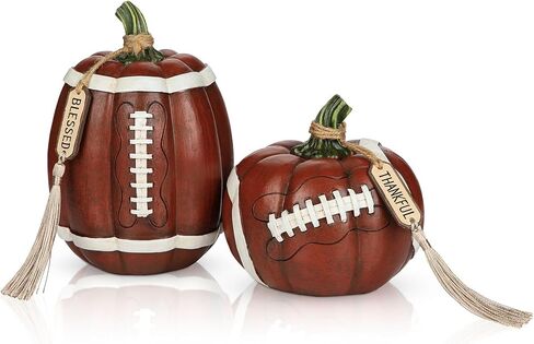 Artificial Football Pumpkins Resin Pumpkins Figurine Set of 2 Thankfull Sports Game Fans Gifts Fall Tiered Tray Tabletop Home Football Decoration Orange and Brown in Saudi Arabia