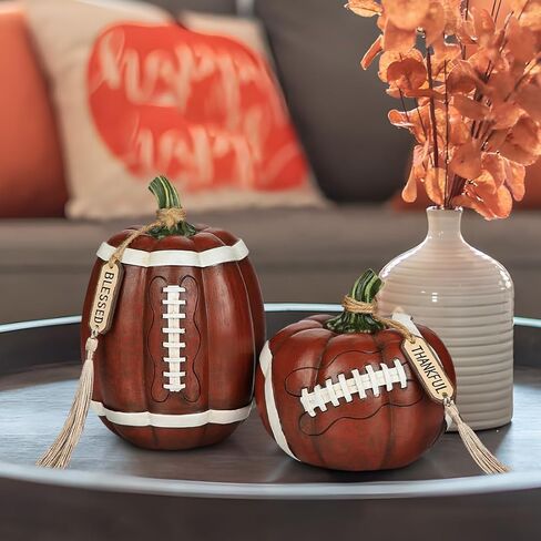 Artificial Football Pumpkins Resin Pumpkins Figurine Set of 2 Thankfull Sports Game Fans Gifts Fall Tiered Tray Tabletop Home Football Decoration Orange and Brown in Saudi Arabia