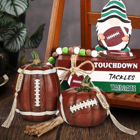 Artificial Football Pumpkins Resin Pumpkins Figurine Set of 2 Thankfull Sports Game Fans Gifts Fall Tiered Tray Tabletop Home Football Decoration Orange and Brown in Saudi Arabia