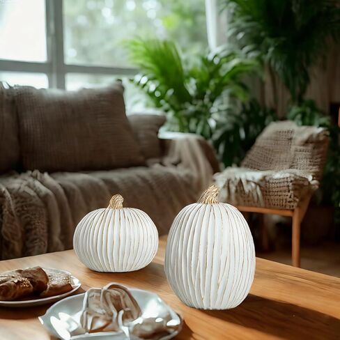 2pcs زخارف القرع في الخريف مهرجان الحصاد راتنج ريفي ديكورات اليقطين المنحوتة أبيض اليقطين تمثال الجدول لحفلات الزفاف في الهالوين (C خط اليقطين) in Kuwait