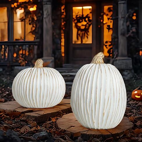 2pcs زخارف القرع في الخريف مهرجان الحصاد راتنج ريفي ديكورات اليقطين المنحوتة أبيض اليقطين تمثال الجدول لحفلات الزفاف في الهالوين (C خط اليقطين) in Kuwait