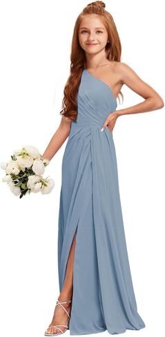 Mrhush Junior Bridesmaid Dresses - Chiffon One One Counte Long Solial Slit ، فستان حفل زفاف لحفلات الفتيات في سن المراهقة in Kuwait