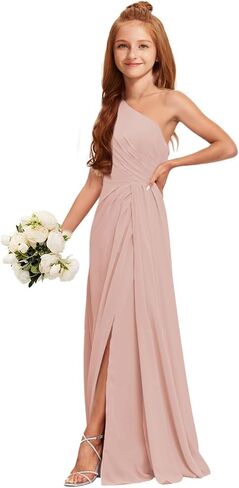 Mrhush Junior Bridesmaid Dresses - Chiffon One One Counte Long Solial Slit ، فستان حفل زفاف لحفلات الفتيات في سن المراهقة in Kuwait