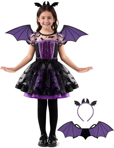 Spooktacular Creations Halloween Girl Purple Bat Tutu Costume, Toddler Bat Vampire Outfit for Kids Halloween Dress Up Party in Saudi Arabia