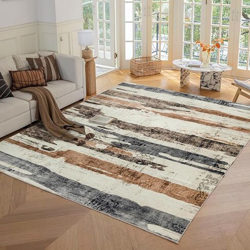 OMERAI Washable Area Rug 6x9, Grey & Brown Washable Rugs for Living Room, Modern Abstract Carpet for Bedroom Dining Room Office Kitchen, Ultra-Thin Non Slip Stain Resistant - Grey & Gold in Kuwait