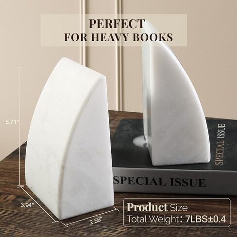 Koville Marble Bookends للأرفف ، والمكتبات الكبيرة للكتب الثقيلة ، سدادة الكتب الحجرية الطبيعية لأفلام الأقراص المضغوطة كتب ، نهايات الكتب الجمالية الزخرفية (أبيض) in Kuwait