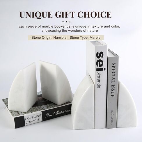Koville Marble Bookends للأرفف ، والمكتبات الكبيرة للكتب الثقيلة ، سدادة الكتب الحجرية الطبيعية لأفلام الأقراص المضغوطة كتب ، نهايات الكتب الجمالية الزخرفية (أبيض) in Kuwait