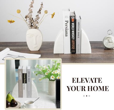 Koville Marble Bookends للأرفف ، والمكتبات الكبيرة للكتب الثقيلة ، سدادة الكتب الحجرية الطبيعية لأفلام الأقراص المضغوطة كتب ، نهايات الكتب الجمالية الزخرفية (أبيض) in Kuwait