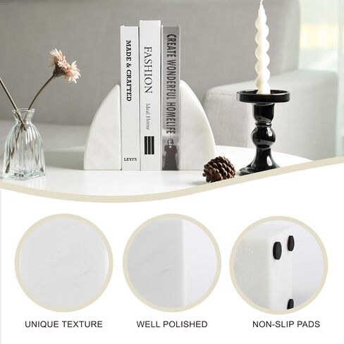 Koville Marble Bookends للأرفف ، والمكتبات الكبيرة للكتب الثقيلة ، سدادة الكتب الحجرية الطبيعية لأفلام الأقراص المضغوطة كتب ، نهايات الكتب الجمالية الزخرفية (أبيض) in Kuwait