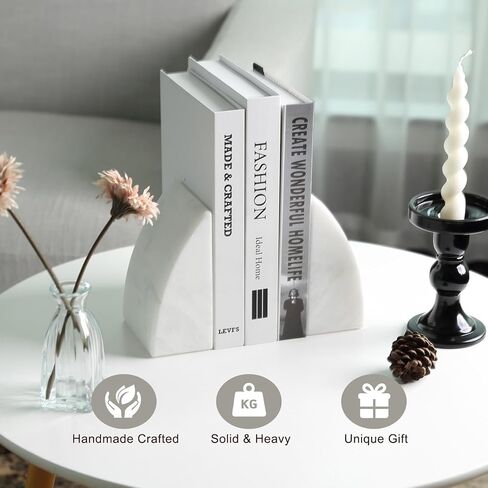 Koville Marble Bookends للأرفف ، والمكتبات الكبيرة للكتب الثقيلة ، سدادة الكتب الحجرية الطبيعية لأفلام الأقراص المضغوطة كتب ، نهايات الكتب الجمالية الزخرفية (أبيض) in Kuwait