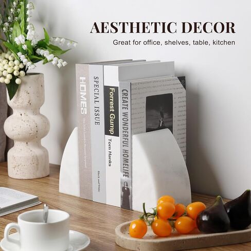 Koville Marble Bookends للأرفف ، والمكتبات الكبيرة للكتب الثقيلة ، سدادة الكتب الحجرية الطبيعية لأفلام الأقراص المضغوطة كتب ، نهايات الكتب الجمالية الزخرفية (أبيض) in Kuwait