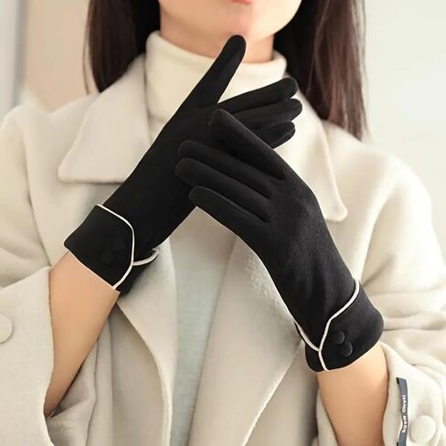 1 Pair Women's Button Design Gloves, Touch Screen Phone Fleece Windproof Glove for Winter Warm Wear in Saudi Arabia