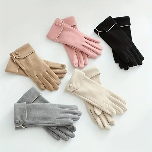 1 Pair Women's Button Design Gloves, Touch Screen Phone Fleece Windproof Glove for Winter Warm Wear in Saudi Arabia