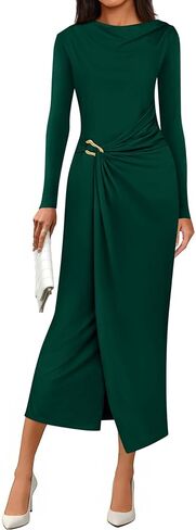 PRETTYGARDEN Women's Fall Wedding Guest Cocktail Midi Dresses Elegant Long Sleeve Bodycon Ruched Dress 2025 Fashion Clothing in Saudi Arabia