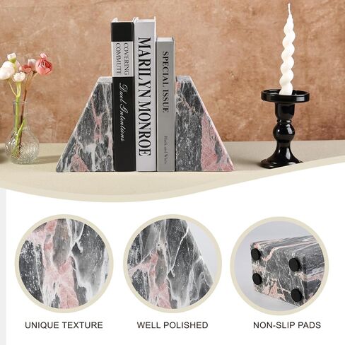 Koville Marble Bookends للأرفف ، والمكتبات الكبيرة للكتب الثقيلة ، سدادة الكتب الحجرية الطبيعية لأفلام الأقراص المضغوطة كتب ، نهايات الكتب الجمالية الزخرفية (أبيض) in Kuwait