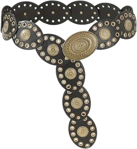 Women Disc-Belt Western-Leather-Belts - Concho Cowgirl Cowboy Wide Boho Disk Belt Vintage Waist Belts for Dress in Saudi Arabia