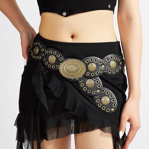 Women Disc-Belt Western-Leather-Belts - Concho Cowgirl Cowboy Wide Boho Disk Belt Vintage Waist Belts for Dress in Saudi Arabia