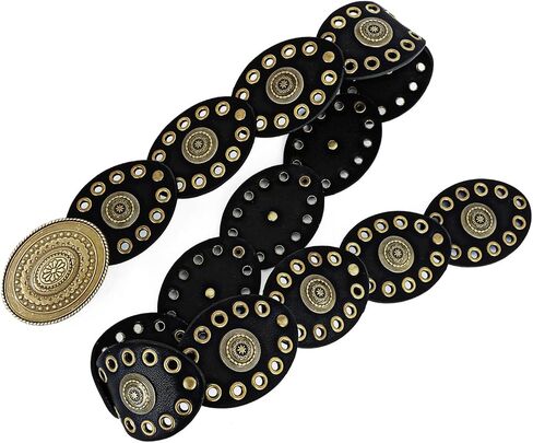 Women Disc-Belt Western-Leather-Belts - Concho Cowgirl Cowboy Wide Boho Disk Belt Vintage Waist Belts for Dress in Saudi Arabia