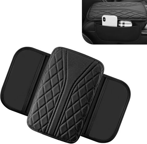 Car Center Console Cover, Leather Vehicle Armrest Protector Cushion with 2 Side Storage Bags, Auto Breathable Middle Interior Accessories, Universal for SUV, Sedan, Truck (Black) in Kuwait