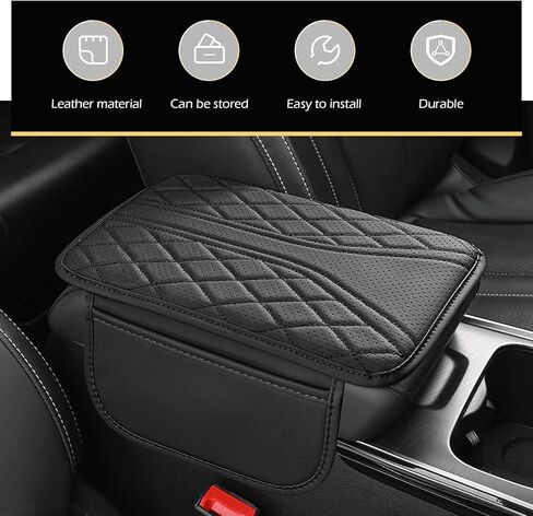 Car Center Console Cover, Leather Vehicle Armrest Protector Cushion with 2 Side Storage Bags, Auto Breathable Middle Interior Accessories, Universal for SUV, Sedan, Truck (Black) in Kuwait