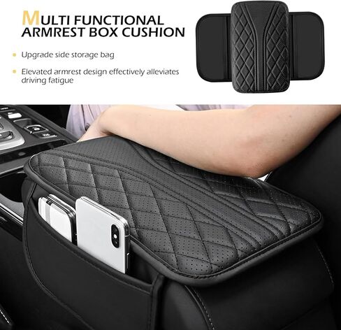 Car Center Console Cover, Leather Vehicle Armrest Protector Cushion with 2 Side Storage Bags, Auto Breathable Middle Interior Accessories, Universal for SUV, Sedan, Truck (Black) in Kuwait