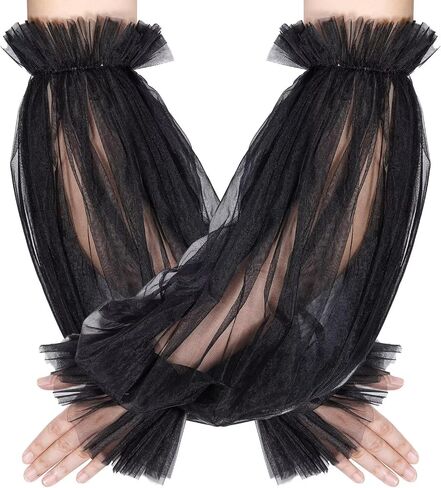 Women's Long Detachable Puffy Sheer Sleeves Fingerless Ruffle Tulle Mesh Gloves for Wedding Opera Party in Saudi Arabia