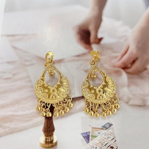 Indian Jhumka Jhumki Statement Clip On Earring Boho Ethnic for Women Bollywood Traditional Gypsy Bohemian Gold Small Balls Tassel Dangle Drop Festival Holiday Party Vintage Non Pierced Ears Jewelry in Saudi Arabia