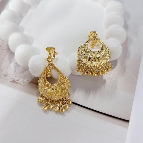 Indian Jhumka Jhumki Statement Clip On Earring Boho Ethnic for Women Bollywood Traditional Gypsy Bohemian Gold Small Balls Tassel Dangle Drop Festival Holiday Party Vintage Non Pierced Ears Jewelry in Saudi Arabia