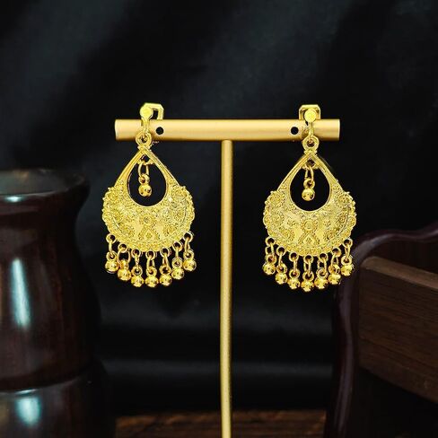 Indian Jhumka Jhumki Statement Clip On Earring Boho Ethnic for Women Bollywood Traditional Gypsy Bohemian Gold Small Balls Tassel Dangle Drop Festival Holiday Party Vintage Non Pierced Ears Jewelry in Saudi Arabia