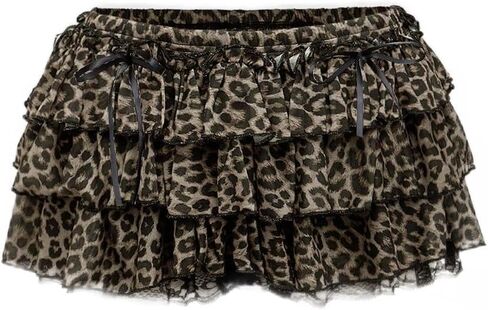 Women's Bow Leopard Mini Shorts Y2k Cheetah Lace Bowknot Layered Ruffle Bloomer Shorts in Saudi Arabia