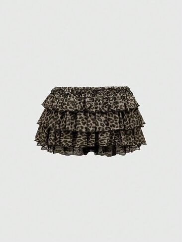 Women's Bow Leopard Mini Shorts Y2k Cheetah Lace Bowknot Layered Ruffle Bloomer Shorts in Saudi Arabia