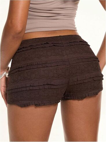 Women's Lace Frill Layered Mini Shorts Elastic Waist Low Rise Skinny Y2K Shorts in Saudi Arabia