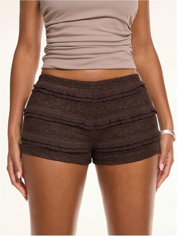 Women's Lace Frill Layered Mini Shorts Elastic Waist Low Rise Skinny Y2K Shorts in Saudi Arabia