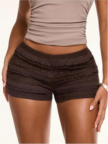 Women's Lace Frill Layered Mini Shorts Elastic Waist Low Rise Skinny Y2K Shorts in Saudi Arabia