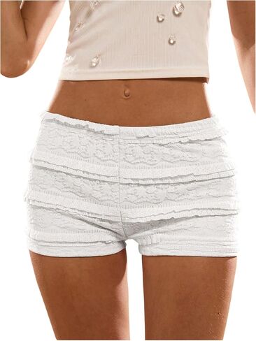Women's Lace Frill Layered Mini Shorts Elastic Waist Low Rise Skinny Y2K Shorts in Kuwait