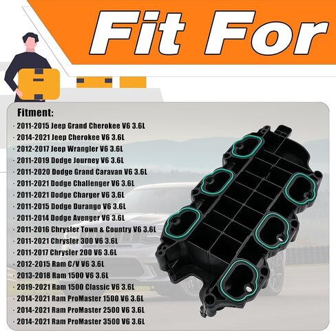 Engine Lower Intake Manifold with Gasket Compatible with 2011-2018 Jeep Grand Cherokee Wrangler Dodge Journey Grand Caravan Charger Chrysler Town & Country Ram 1500 V6 3.6L, Replaces# 05184199AF in Saudi Arabia