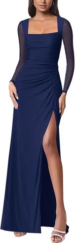 firfig Women Mesh Long Sleeve Square Neck Ruched Sheath Formal Evening Maxi Dress Cocktail Party Wedding Guest Dresses in Kuwait