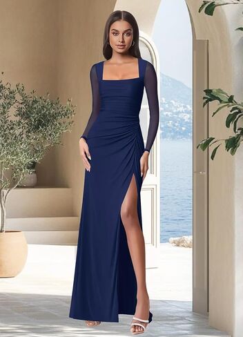 firfig Women Mesh Long Sleeve Square Neck Ruched Sheath Formal Evening Maxi Dress Cocktail Party Wedding Guest Dresses in Kuwait
