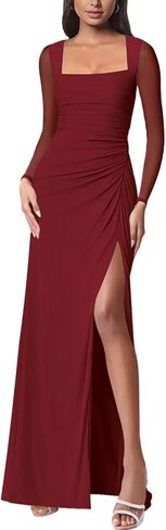 firfig Women Mesh Long Sleeve Square Neck Ruched Sheath Formal Evening Maxi Dress Cocktail Party Wedding Guest Dresses in Kuwait