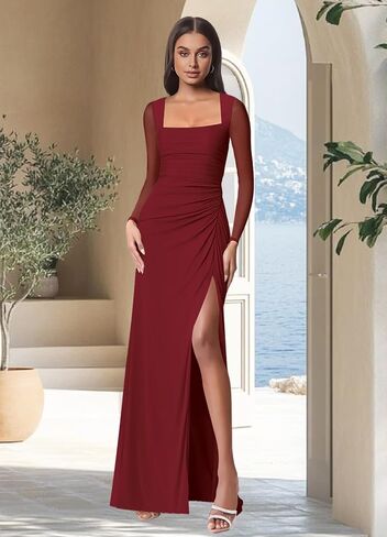 firfig Women Mesh Long Sleeve Square Neck Ruched Sheath Formal Evening Maxi Dress Cocktail Party Wedding Guest Dresses in Kuwait
