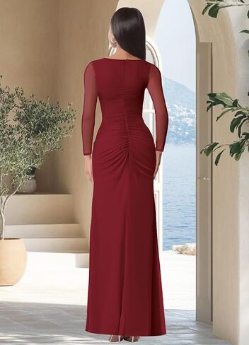 firfig Women Mesh Long Sleeve Square Neck Ruched Sheath Formal Evening Maxi Dress Cocktail Party Wedding Guest Dresses in Kuwait