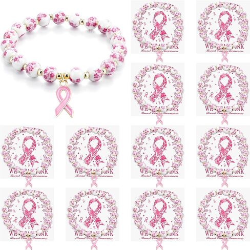 Tondiamo 12 PCS البورسلين سرطان الثدي أسوار التوعية حبات الشريط Charm عتيقة زهرة الزهرة السوار الشريط الوردي للنساء الهدايا الملهمة الحزب الناجي in Saudi Arabia