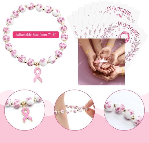 Tondiamo 12 PCS البورسلين سرطان الثدي أسوار التوعية حبات الشريط Charm عتيقة زهرة الزهرة السوار الشريط الوردي للنساء الهدايا الملهمة الحزب الناجي in Saudi Arabia