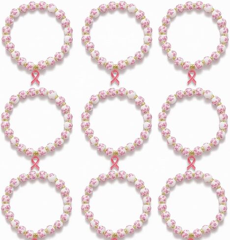 Tondiamo 12 PCS البورسلين سرطان الثدي أسوار التوعية حبات الشريط Charm عتيقة زهرة الزهرة السوار الشريط الوردي للنساء الهدايا الملهمة الحزب الناجي in Saudi Arabia