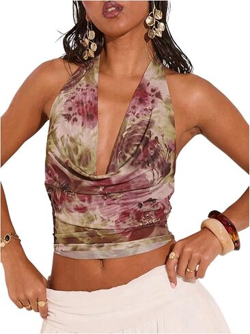 SOLY HUX Women's Cowl Neck Halter Tops Mesh Floral Deep V Neck Draped Front Backless Summer Going Out Crop Tank Tops in Saudi Arabia