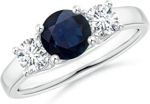 Angara Natural Blue Sapphire Ring for Women | Classic Round Sapphire and Diamond Three Stone Ring in 14K Solid Gold/Silver/Platinum | September Birthday, Anniversary, Gemstone Jewellery Gift in Saudi Arabia