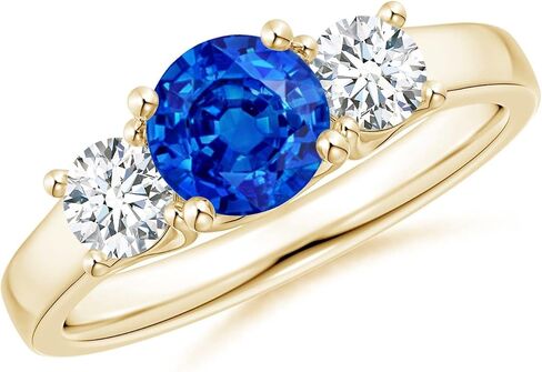 Angara Natural Blue Sapphire Ring for Women | Classic Round Sapphire and Diamond Three Stone Ring in 14K Solid Gold/Silver/Platinum | September Birthday, Anniversary, Gemstone Jewellery Gift in Saudi Arabia