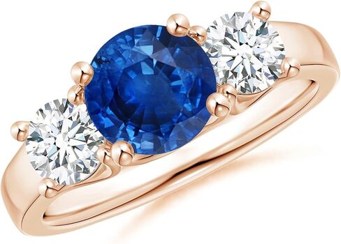 Angara Natural Blue Sapphire Ring for Women | Classic Round Sapphire and Diamond Three Stone Ring in 14K Solid Gold/Silver/Platinum | September Birthday, Anniversary, Gemstone Jewellery Gift in Saudi Arabia