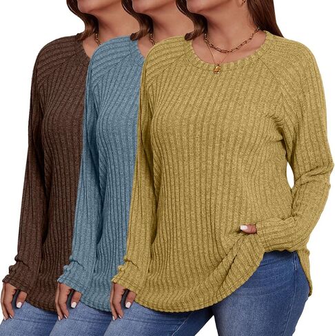 Ficerd 3 Pack بالإضافة إلى قمم سترة الحجم للنساء ، سبيكة طويلة الأكمام المنحنية المنحنية تنقسم القمصان in Kuwait